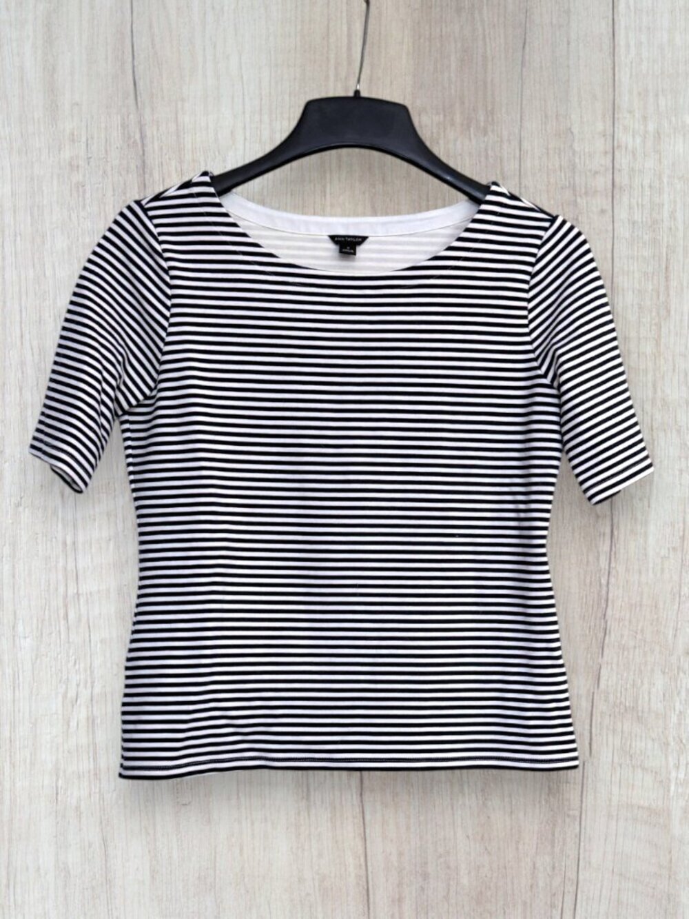 Ann Taylor Striped Boatneck Elbow-Sleeve Tee M Black White Parisian Nautical